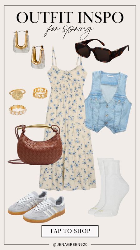 Spring Outfit Inspo | Floral Midi Dress | Denim Vest | Adidas Sneakers | Woven Bag

#LTKitbag #LTKshoecrush #LTKfindsunder100
