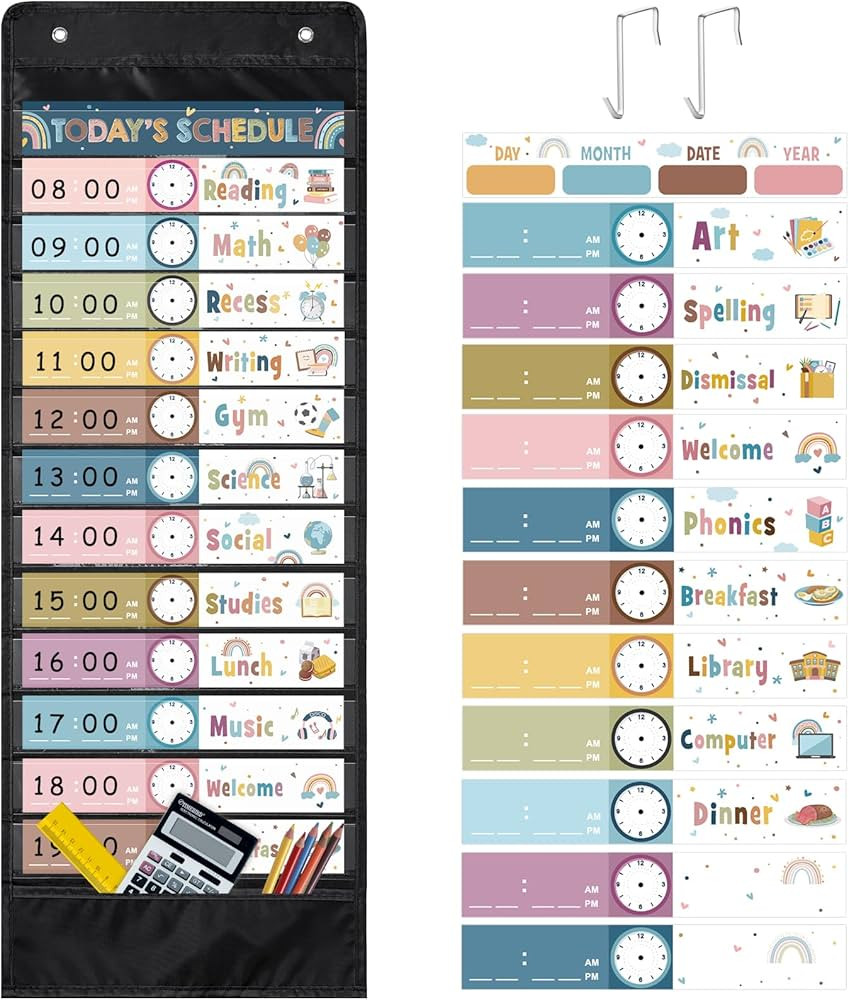 Boho Daily Schedule Pocket Chart for Classroom, 13+1 Pockets with 42 Designed Schedule Cards, Bla... | Amazon (US)