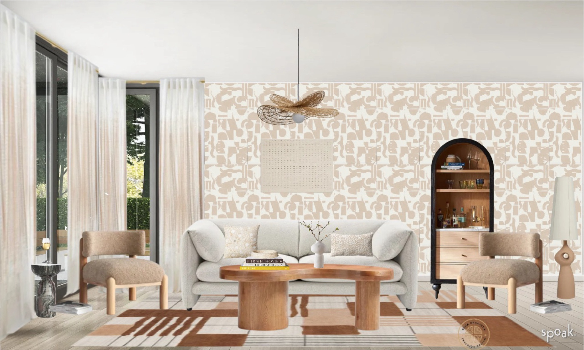 Organic Modern living room design/moodboard! Gorgeous geometric wallpaper and rug from Lulu & Georgia, cabinet from Anthropologie. Organic shape coffee table and a rattan pendant, neutral living room, neutral sofa, boucle accent chairs, marble side table. #livingroom #neutraldesign #organicmodern

#LTKstyletip #LTKhome #LTKsalealert