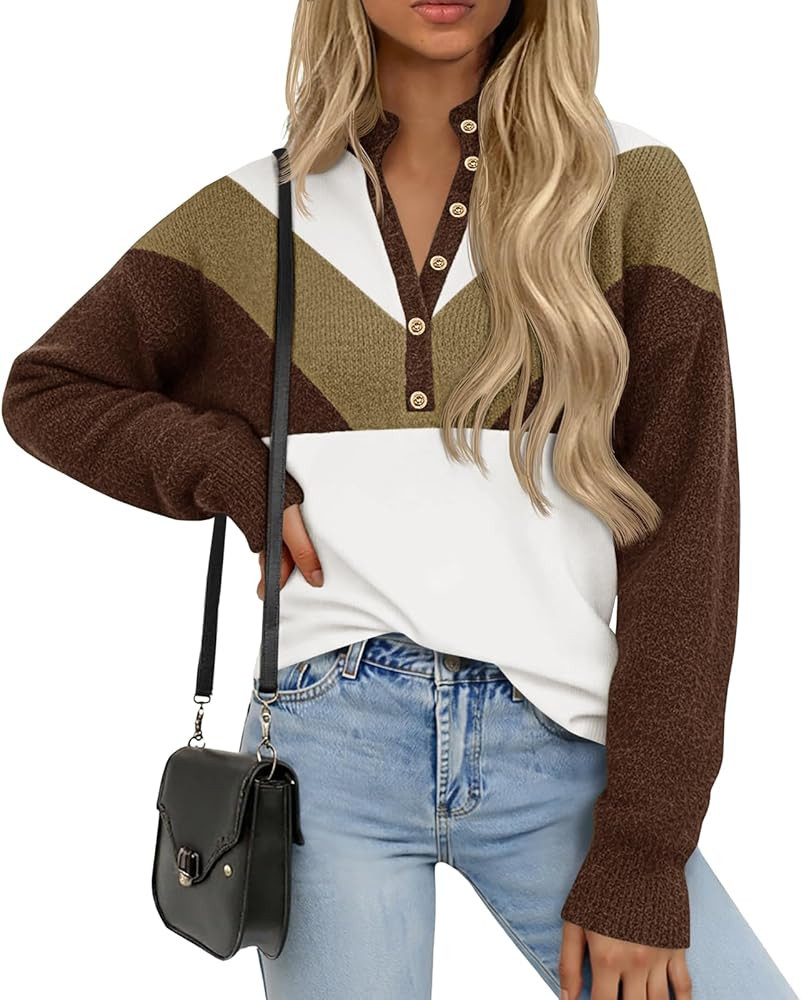 Saodimallsu Womens Color Block Sweaters Mock Neck Button Long Sleeve Knit Henley Shirts Loose Cas... | Amazon (US)