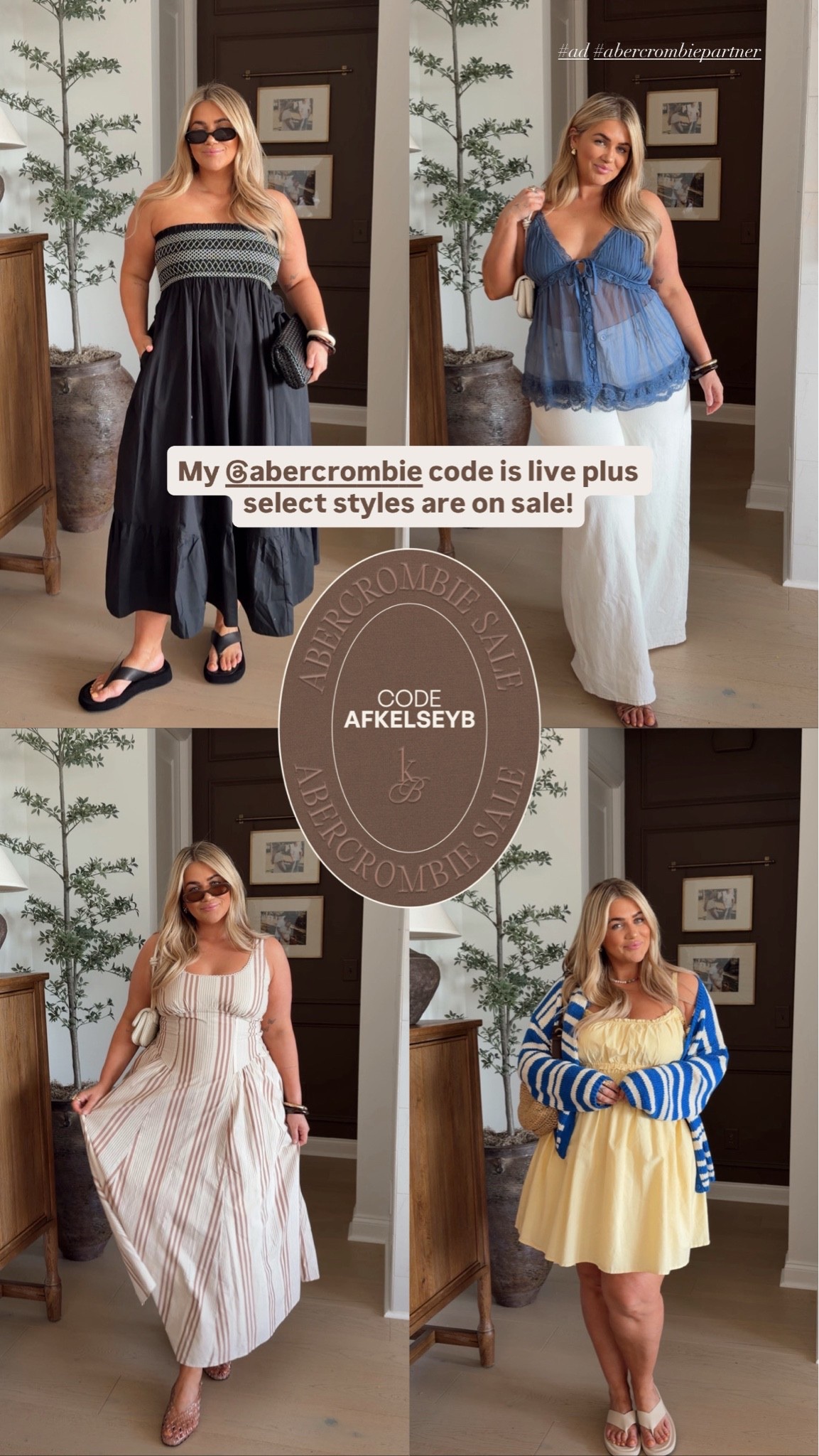 My code is live @abercrombie 🤎 AFKELSEYB #ad #abercrombiepartner

Black dress- large 
Blue top- large
White jeans- 33 curve love long 
Stripe dress- large 
Yellow dress- large 
Stripe cardigan- XL

#LTKSaleAlert #LTKMidsize #LTKootd