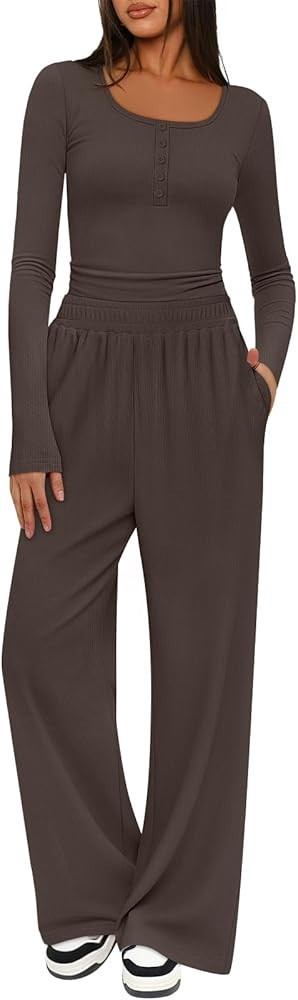 MEROKEETY Women's 2025 Fall Two Piece Airport Outfits Lounge Sets Henley Shirts Wide Leg Pants Ma... | Amazon (US)