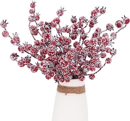 12Pcs Artificial Snowy Red Berry Picks Stems Christmas Frosted Holly Berry Branches Xmas Winter T... | Amazon (US)