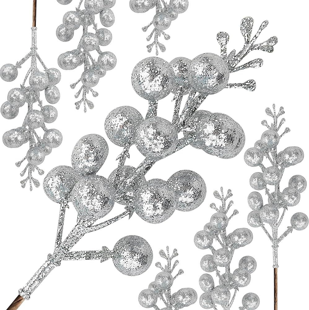 Christmas Berries,Glitter Artificial Silver Berry Stems 12 pcs,Christmas Picks Decoration Red Ber... | Amazon (US)