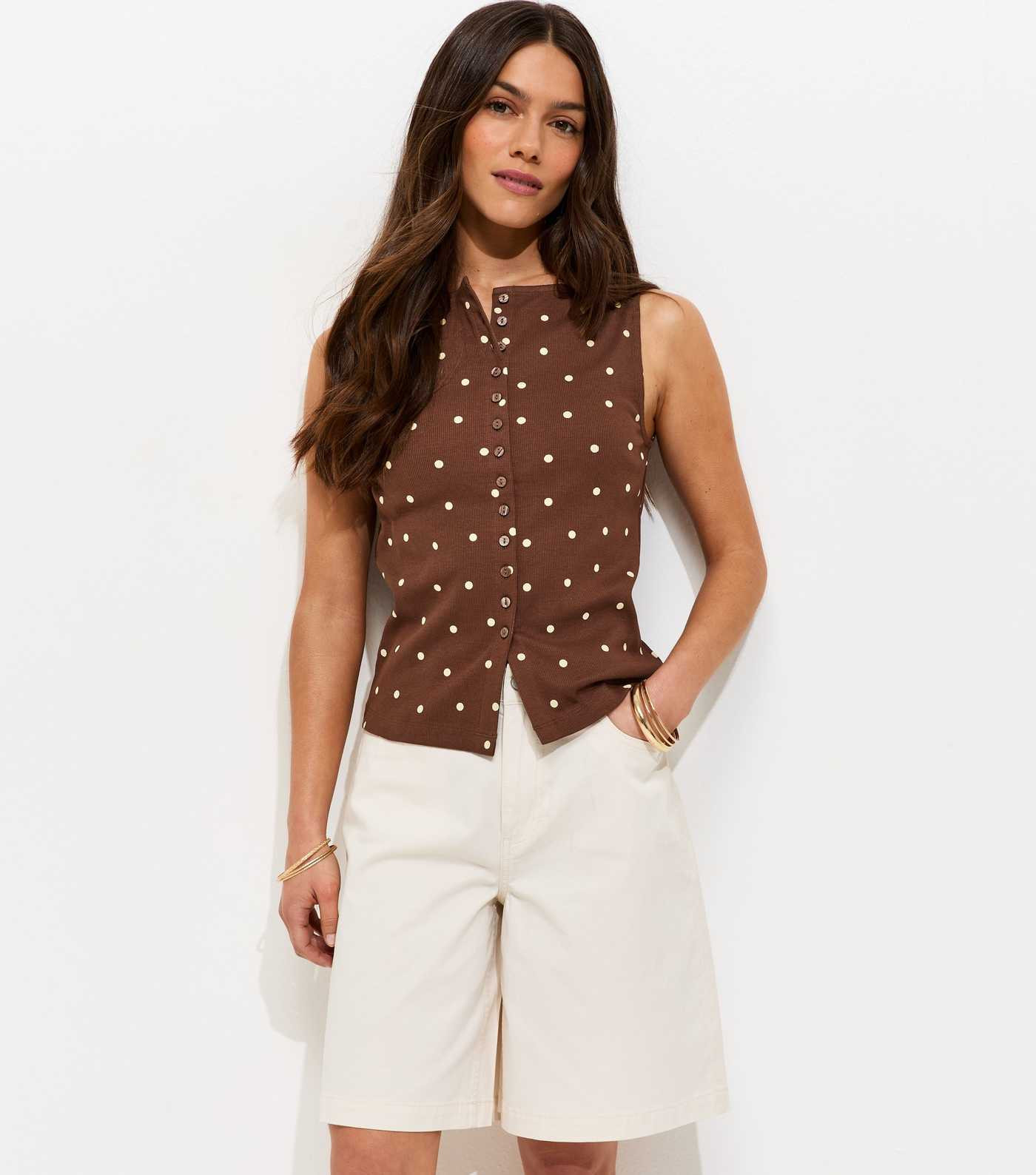Petite Brown Spot Print Button Through Top | New Look | New Look (UK)