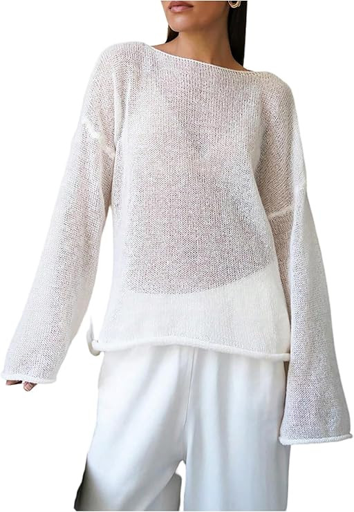 Women's Sheer Mesh Long Sleeve Tops Boat Neck See Through Lightweight Sweater Crochet Knit Tops | Amazon (US)