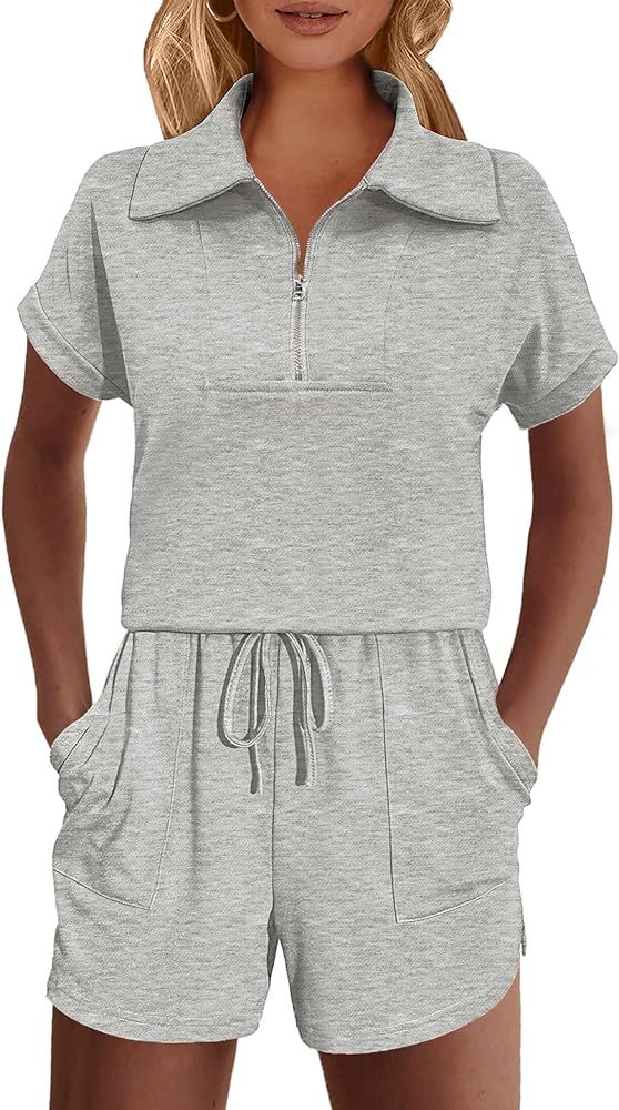 Ekouaer Women Two Piece Outfits Half Zip Shorts Set and Short Sleeve Tops Lounge Sets Shorts Summ... | Amazon (US)