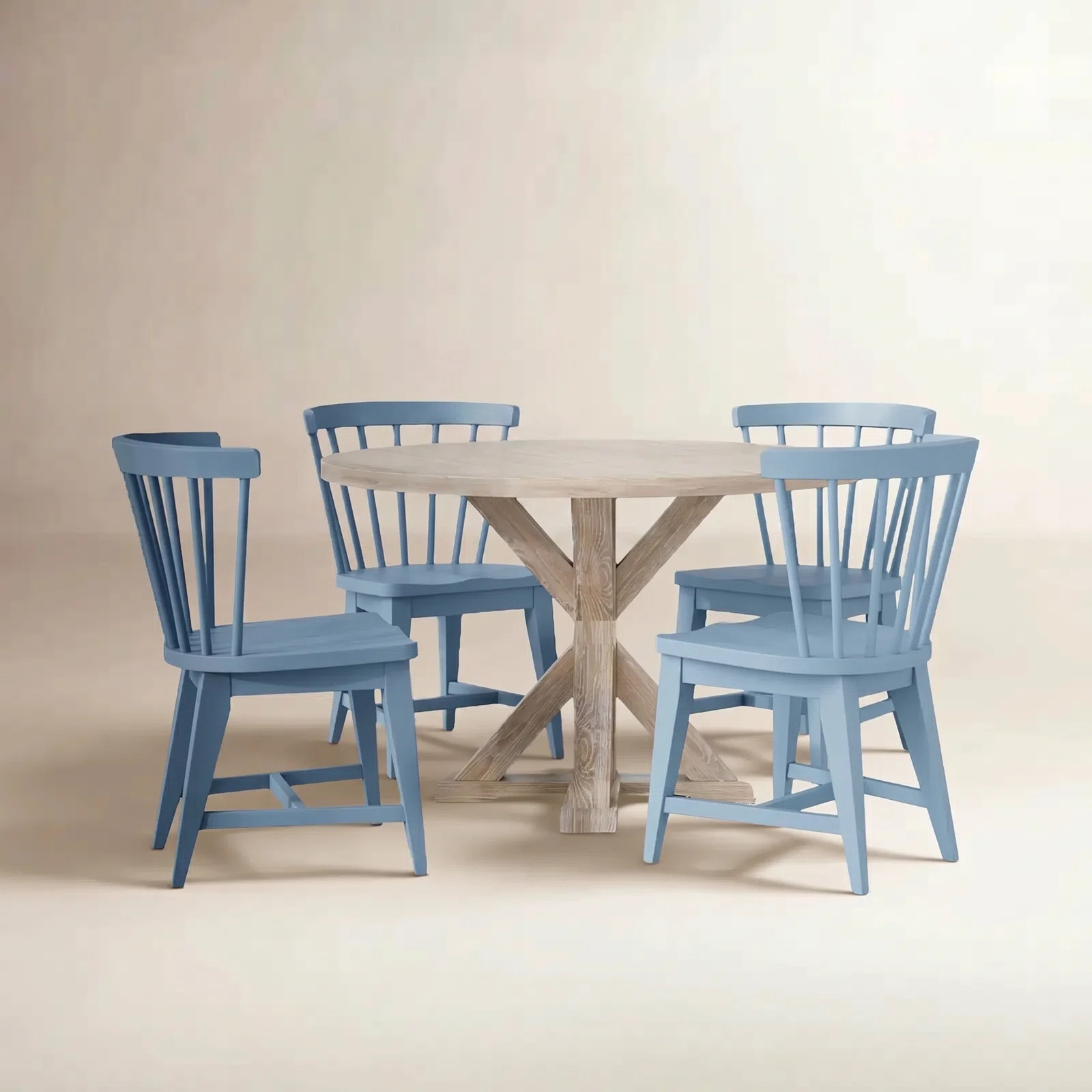 Lana Round Dining Table Set With Blue Wooden Side Chairs | Birch Lane