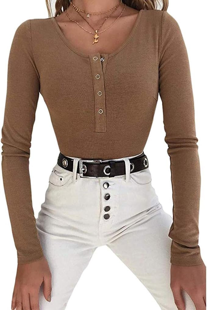 PALINDA Women's Long Sleeve Striped Basic Solid Round Neck Bodysuit Stretchy Leotards | Amazon (US)