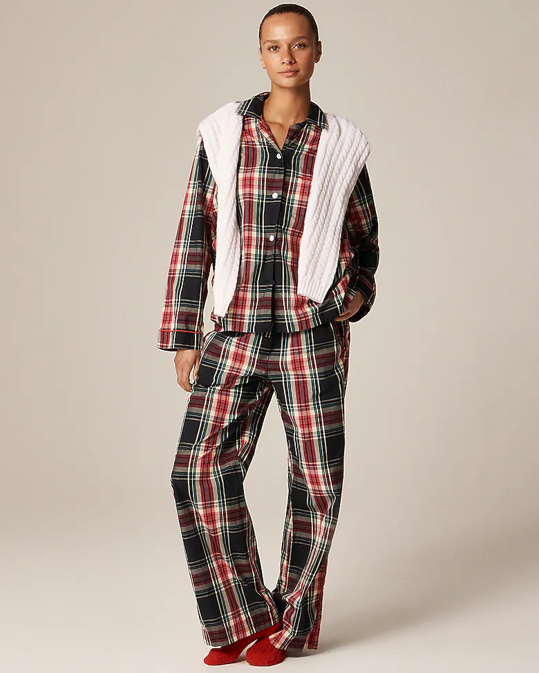 Cotton poplin long-sleeve pajama pant set in Stewart tartan | J. Crew US