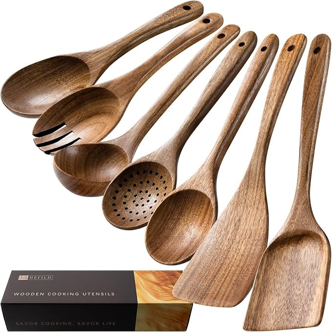 Wooden Spoons for Cooking, Nonstick Cooking Utensil Set with 7 Piece Acacia Wooden Spatulas and S... | Amazon (US)
