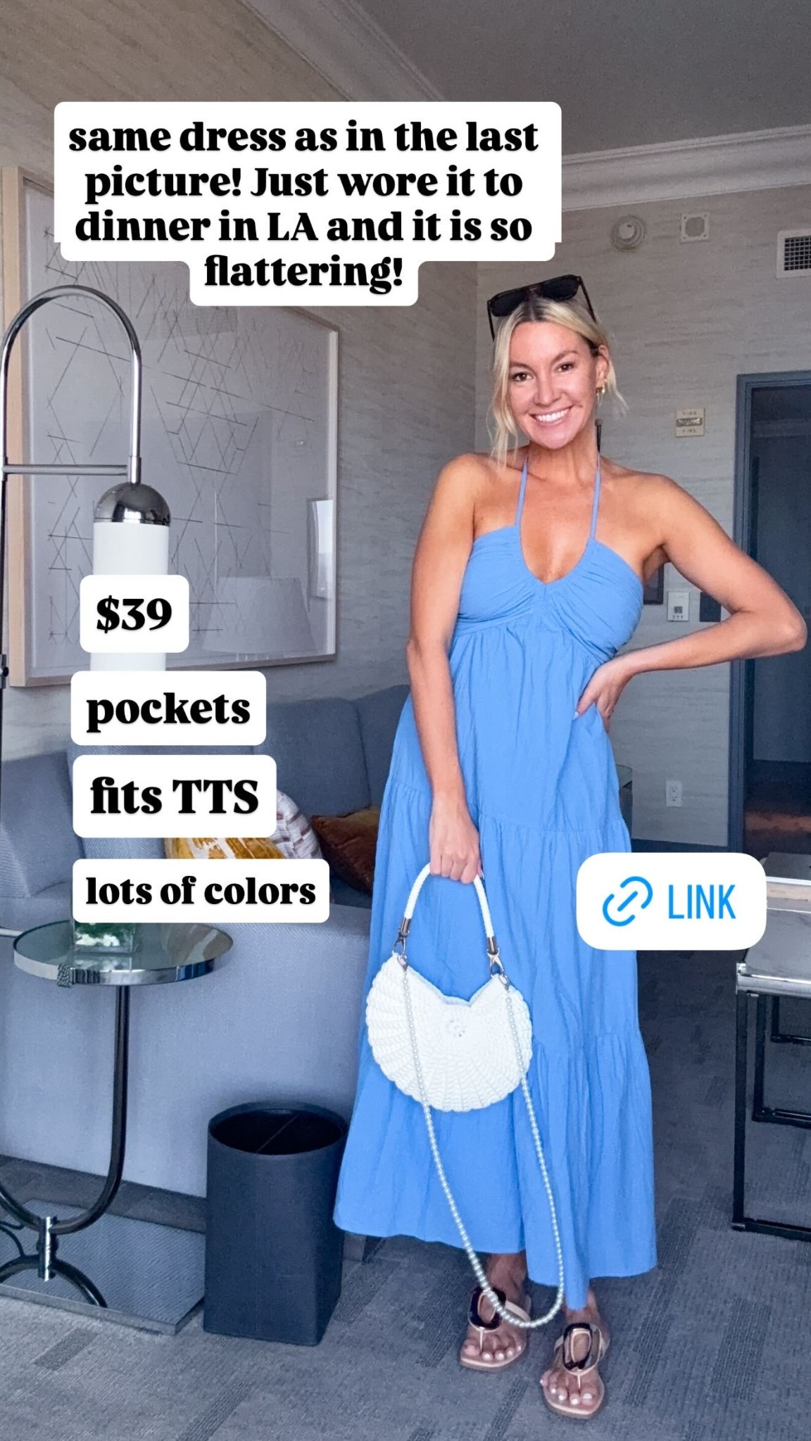same dress as in the last picture! Just wore it to dinner in LA and it is so flattering! $39 pockets fits TTS lots of colors