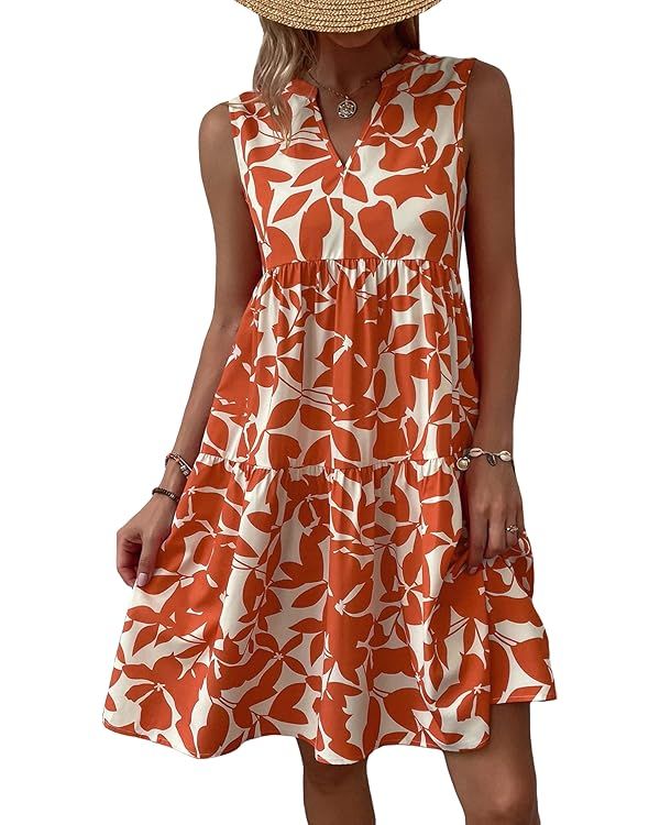 SOLY HUX Women's Summer Boho Print Notched V Neck Sleeveless Ruffle Hem Loose Dress | Amazon (US)