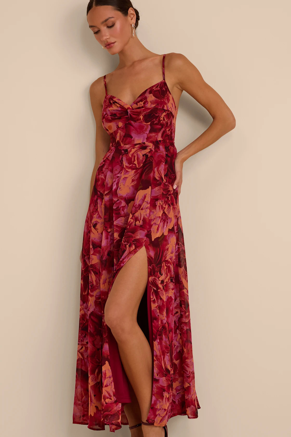 Beautiful Soul Burgundy Floral Print Twist-Front Maxi Dress | Lulus