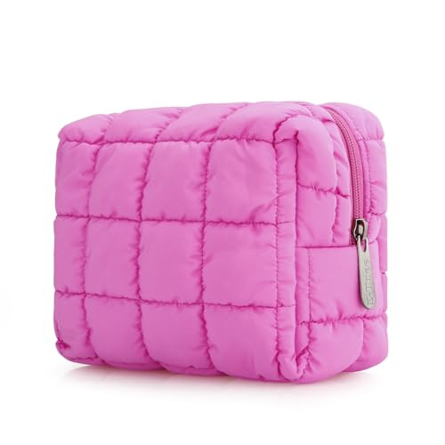E-Tree Cute Makeup Bag,Quilted Cosmetic Bag,Make up Pouch for Purse,Toiletry Zipper Pouch,Checkered Bag,Travel Case,Storage Pouches for Organization (Hot Pink) | Amazon (US)