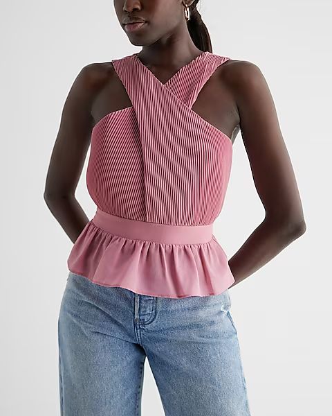 Twist Halter Neck Pleated Peplum Tank | Express