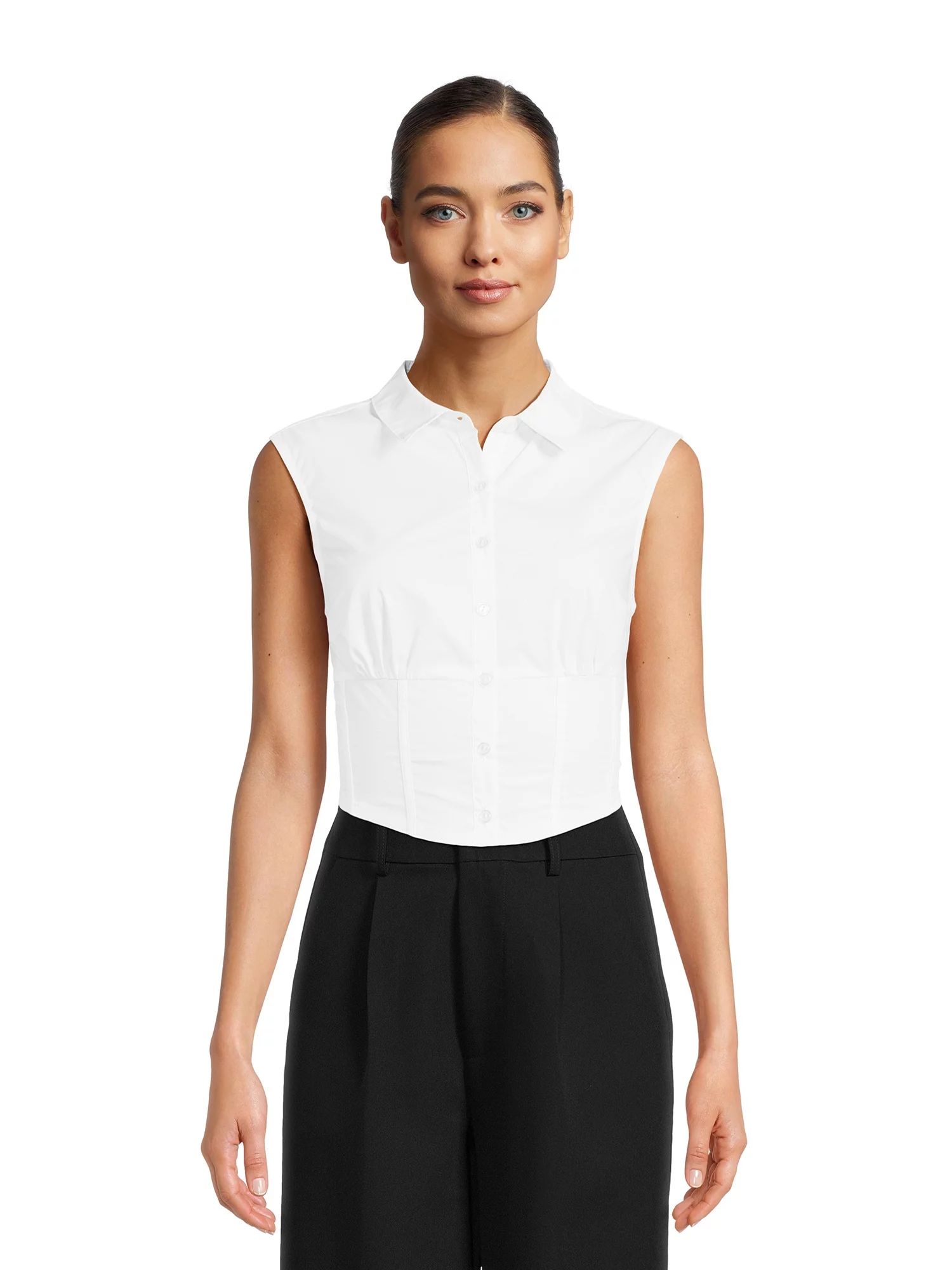 Madden NYC Women's Cropped Button Front Sleeveless Shirt, Sizes XS-XXXL | Walmart (US)