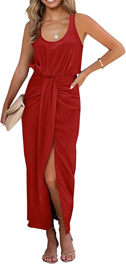 PRETTYGARDEN Women's Satin Midi Bodycon Dress 2023 Summer Sleeveless Twist Front Slit Wrap Tank D... | Amazon (US)