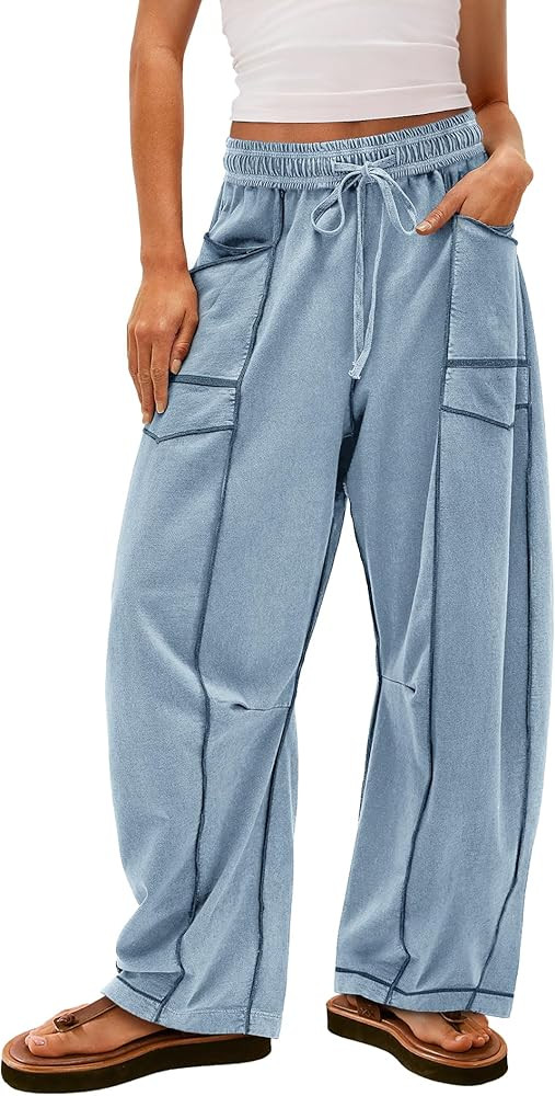 Yanekop Womens Baggy Wide Leg Pants Casual Summer Palazzo Pants Drawstring Waist Lounge Pants wit... | Amazon (US)