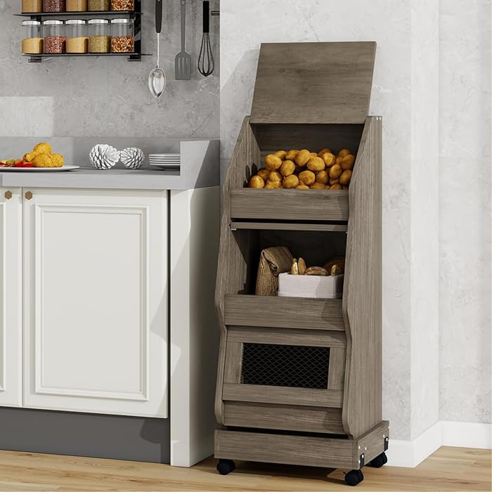 ARTETHYS Potato and Onion Storage Bin with Wheels Gray Movable Bread Box with Lid Onion Organizer... | Amazon (US)