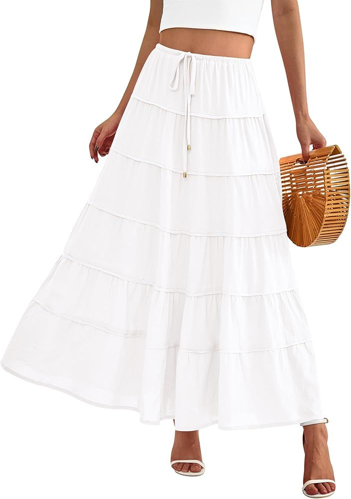 MASCOMODA Summer Long Maxi Skirt for Women 2024 Causal Boho Flowy High Waisted Ruffle Tiered A-Li... | Amazon (US)