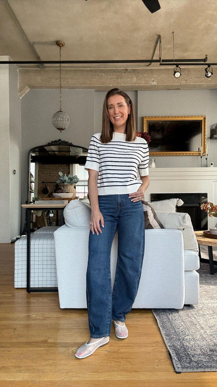 Target Tuesday fall fashion haul! White and black striped crew neck sweater with dark wash barrel jean and white mesh ballet flats. Teacher outfit. Preppy outfit. 

#LTKFindsUnder50 #LTKOver40 #LTKSaleAlert