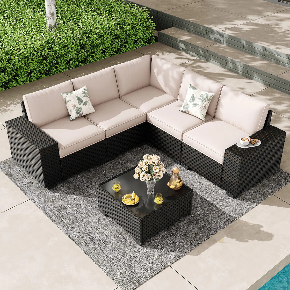 6 Pieces Outdoor Patio Furniture Set, Wicker Conversation Sets with Tea Table, Rattan Patio Sofa ... | Wayfair North America