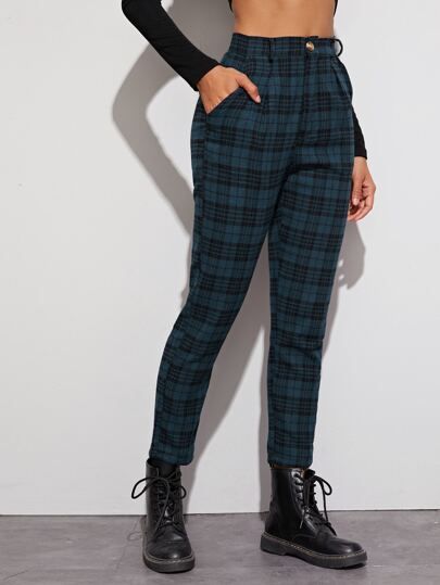 Button Front Pocket Side Tartan Tapered Pants | ROMWE