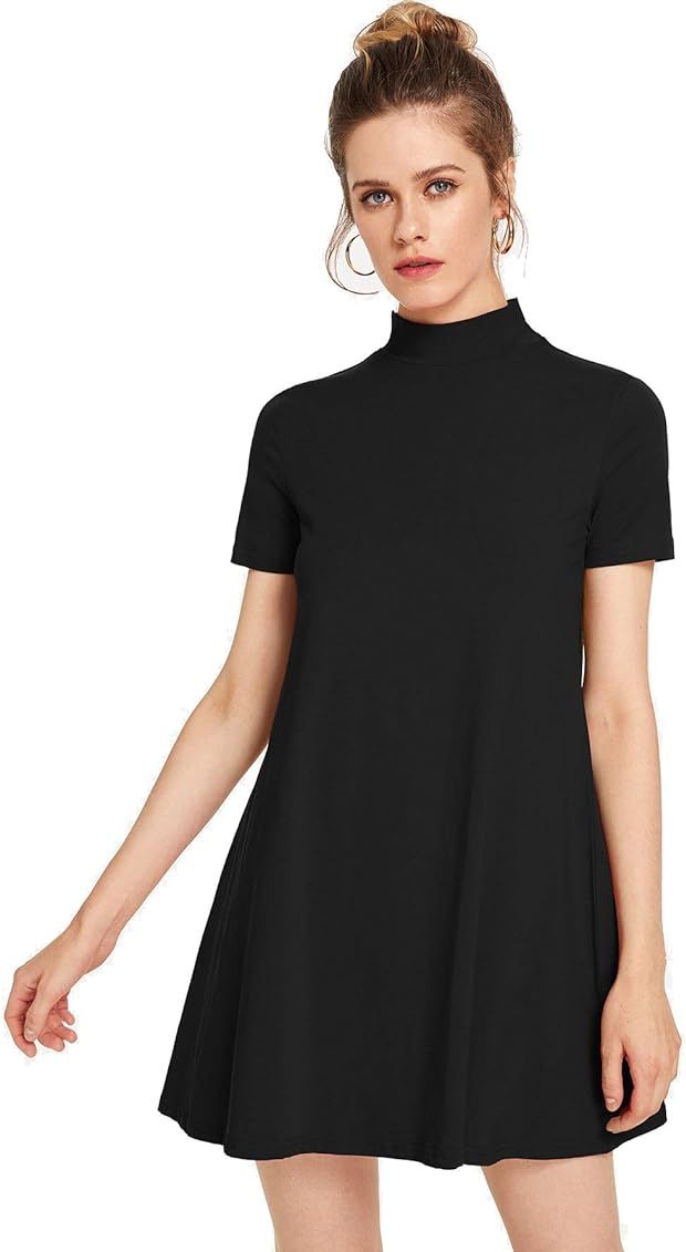 Milumia Women's Elegant Plain Short Sleeve Mock Neck Loose T Shirt Dress Swing Dress | Amazon (US)