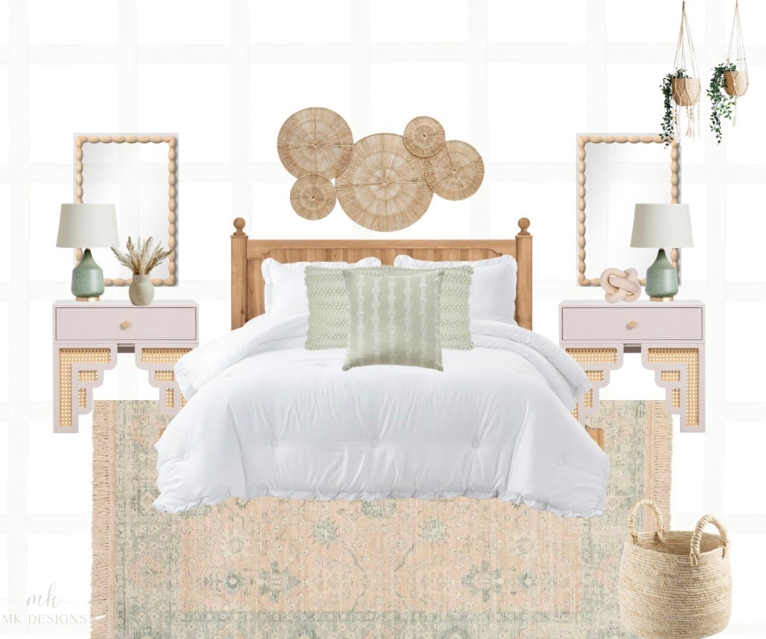 This bedroom embodies a refined, textural boho style with an emphasis on softness and natural charm. The space is anchored by a warm wood bed that introduces an organic element, complemented by layered white bedding that creates a plush, inviting focal point. Above the bed, a curated arrangement of woven wall baskets adds depth and artistry while reinforcing the room's earthy theme.


#LTKHome #LTKU
