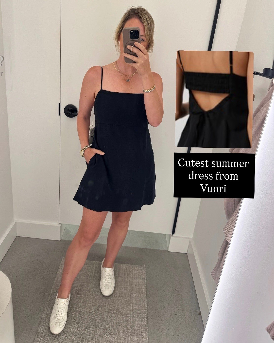 Cute little twill dress with a cutout back and pockets. There is no stretch, so if you’re between sizes, I’d go up.