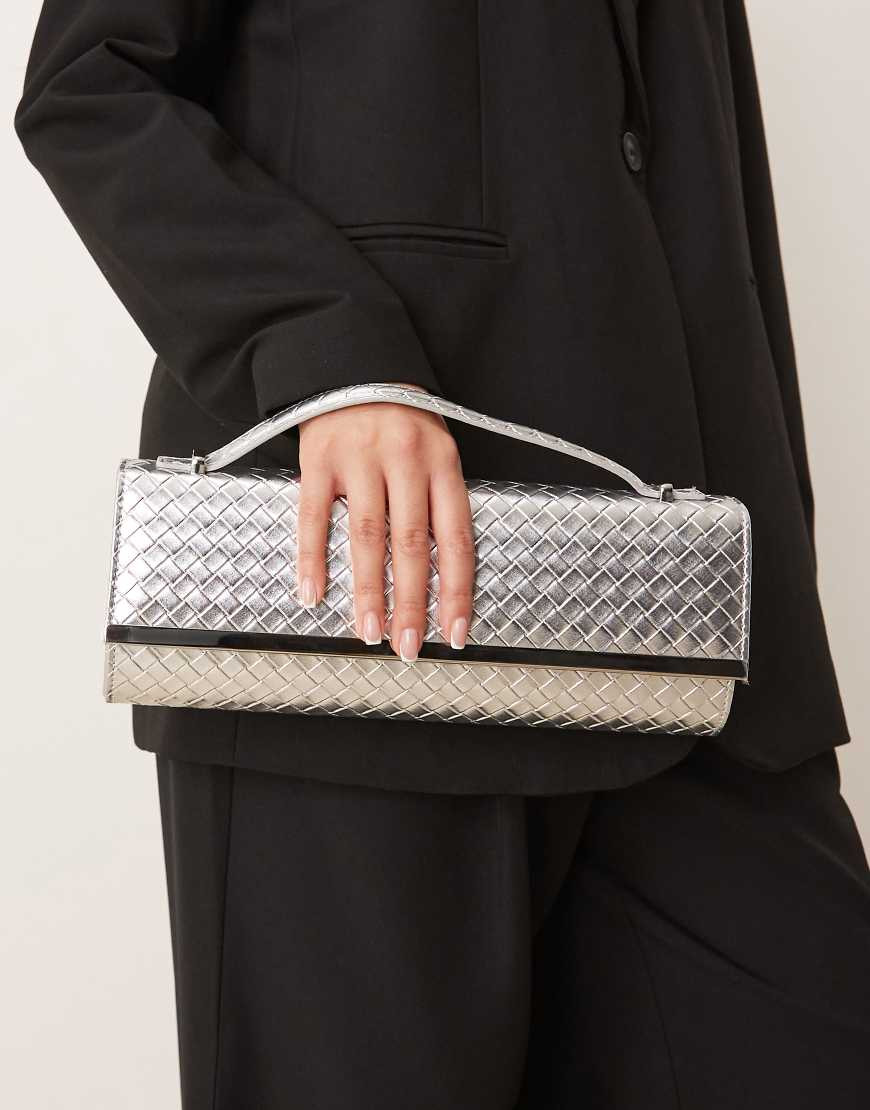True Decadence woven detail elongated clutch bag in silver | ASOS (Global)