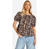 Womens Leopard Puff Sleeve Bow Tie Blouse - Brown - 6 | boohoo (US & Canada)
