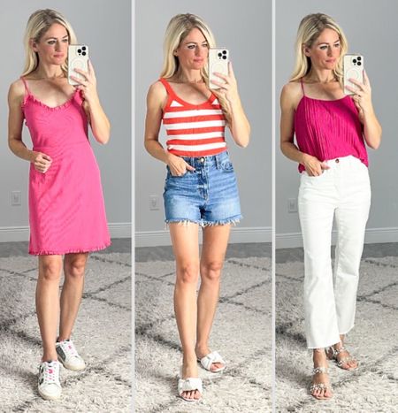 Target Summer finds! Ribbed ruffle pink dress also comes in black, has adjustable straps and starts at size XXS. I’m wearing XS. Striped sweater tank also comes in a navy stripe. Denim shorts are comparable to Abercrombie for less! Pink cami has a pleated texture and comes in lots of colors! White denim is a cropped bootcut style with raw hemline. 

#LTKFind #LTKstyletip #LTKunder50