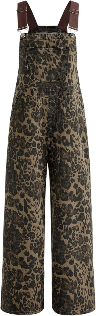 CIDER Overalls for Women Denim Leopard Pocket Buckle Up Wide Leg Jumpsuit | Amazon (US)