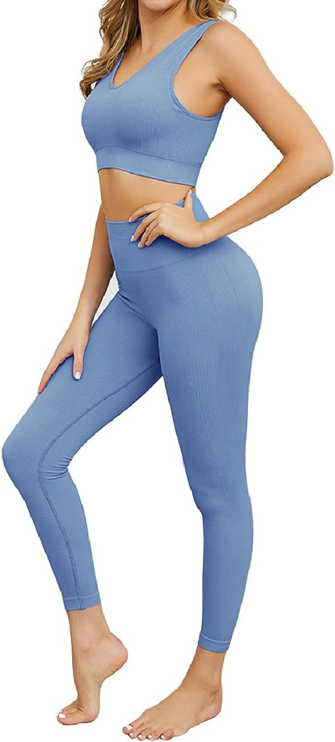 Jetjoy Women 2 piece Workout Set Seamless Super Soft Deep V Neck Bra+Leggings Set Yoga sets Outfi... | Amazon (US)