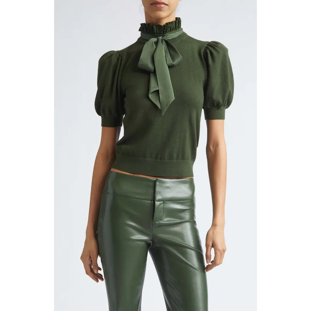 ALICE + OLIVIA Chase Puff Sleeve Stretch Wool Sweater in Dark Fern at Nordstrom Rack, Size Small | Nordstrom Rack