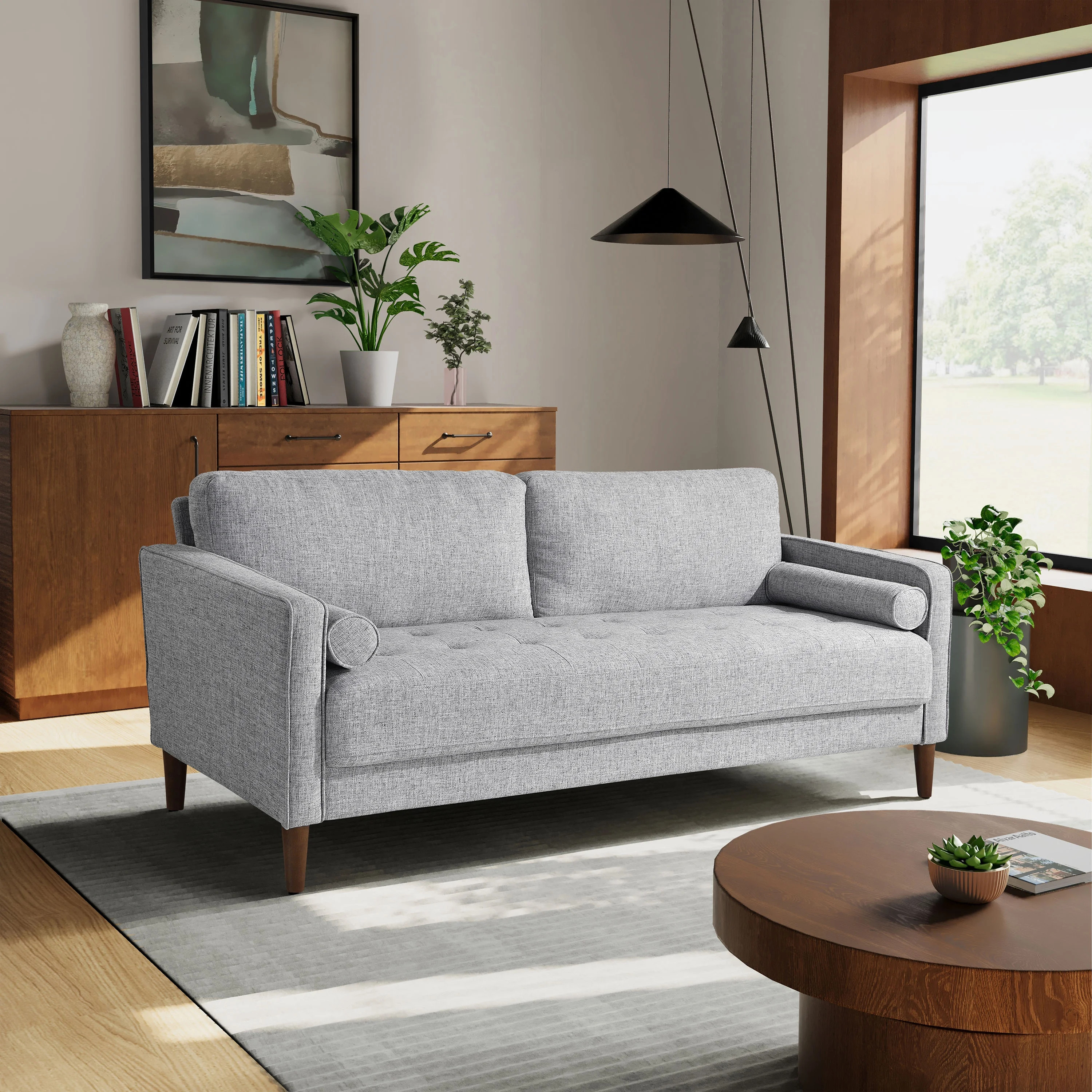 Lifestyle Solutions Lorelei Mid-Century Modern Cushion Back Upholstered Sofa, Light Gray Fabric | Walmart (US)