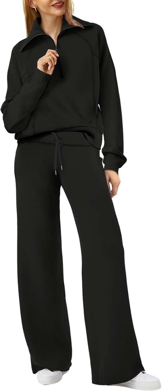 XIEERDUO Lounge Sets For Women 2025 Half Zip Sweatshirt And Wide Leg Sweatpant 2 Piece Outfits Sweatsuit Tracksuit | Amazon (US)