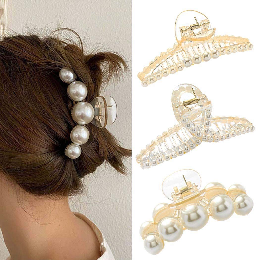 Amazon.com : Woeoe French Pearl Hair Claw White Large Plastic Banana Clips Hair Claw Clips Thick ... | Amazon (US)