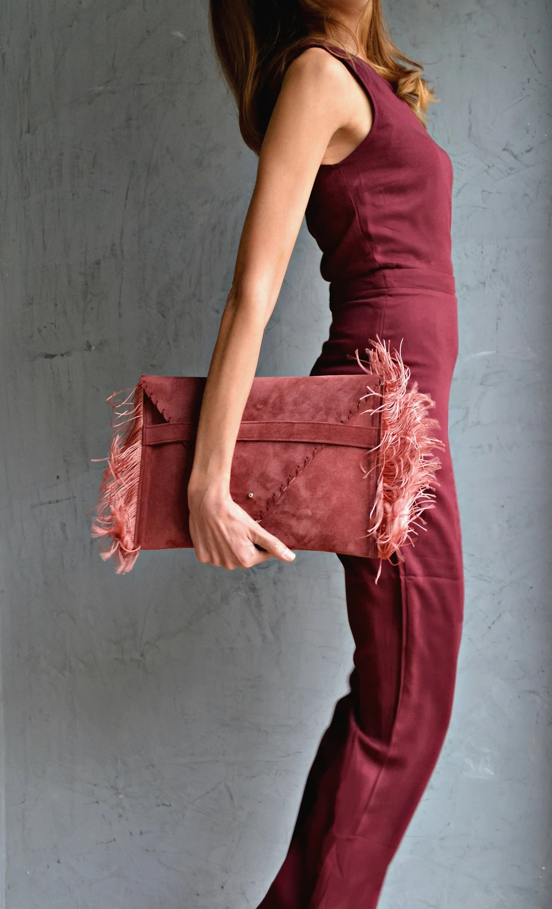 Rosewood Suede Fringe Clutch: Burgundy Leather Envelope Bag - Etsy | Etsy (US)