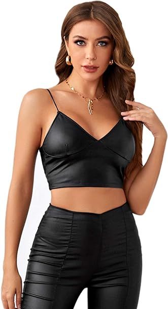 SOLY HUX Women's PU Leather V Neck Spaghetti Strap Cami Crop Top | Amazon (US)