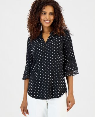 Kasper Women's Printed 3/4 Flutter Sleeve Top - Black/cerise Multi | Macy's