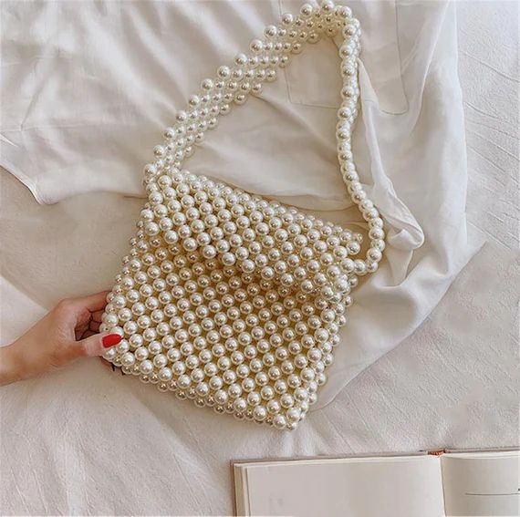 Square pearl handbag，Beaded White Pearl Bag, Handmade White Bead Purse, Bridal Wedding Purse, P... | Etsy (US)