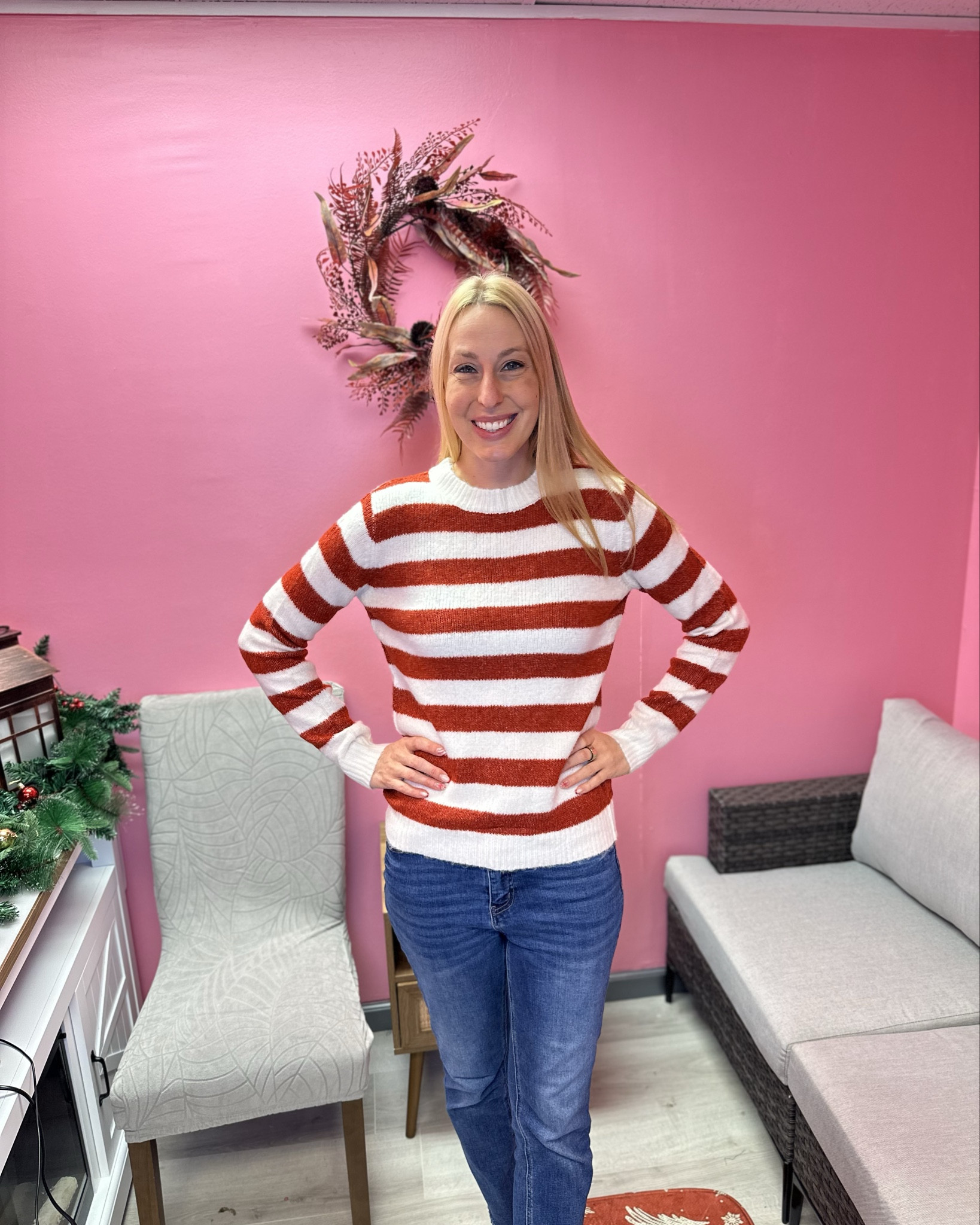 Candy cane striped sweater
❤️ it comes in several color options 
❤️ it has has stretch and is thinner
❤️ I am wearing size small, fits true to size, I am 5’10”

#LTKFindsUnder100 #LTKTall #LTKFindsUnder50