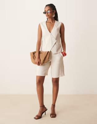 Vila tailored asymmetrical placket detail waistcoat and longline shorts set in birch cream | ASOS (Global)
