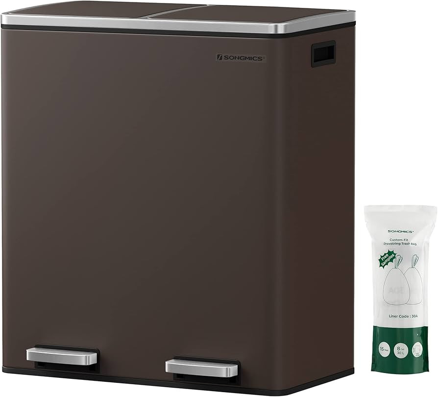 SONGMICS Trash Can, 2 x 8 Gallon (2 x 30 L) Garbage Can for Kitchen, with 15 Trash Bags, 2 Compar... | Amazon (US)