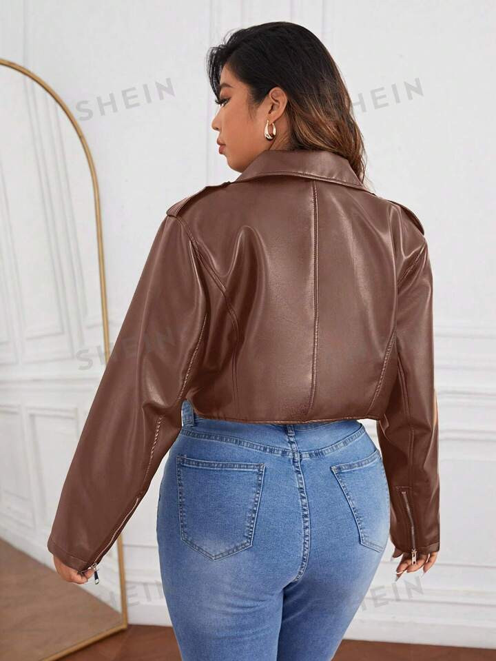 SHEIN Essnce Plus Size Zipper Closure Turn Down Collar Jacket | SHEIN