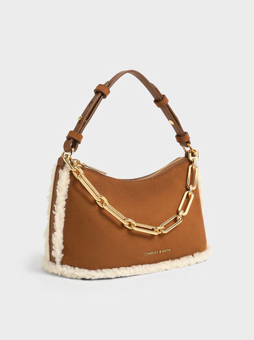 Robyn Faux Suede Fur-Trim Elongated Chain-Handle Bag
    
         - Brown | Charles & Keith AU