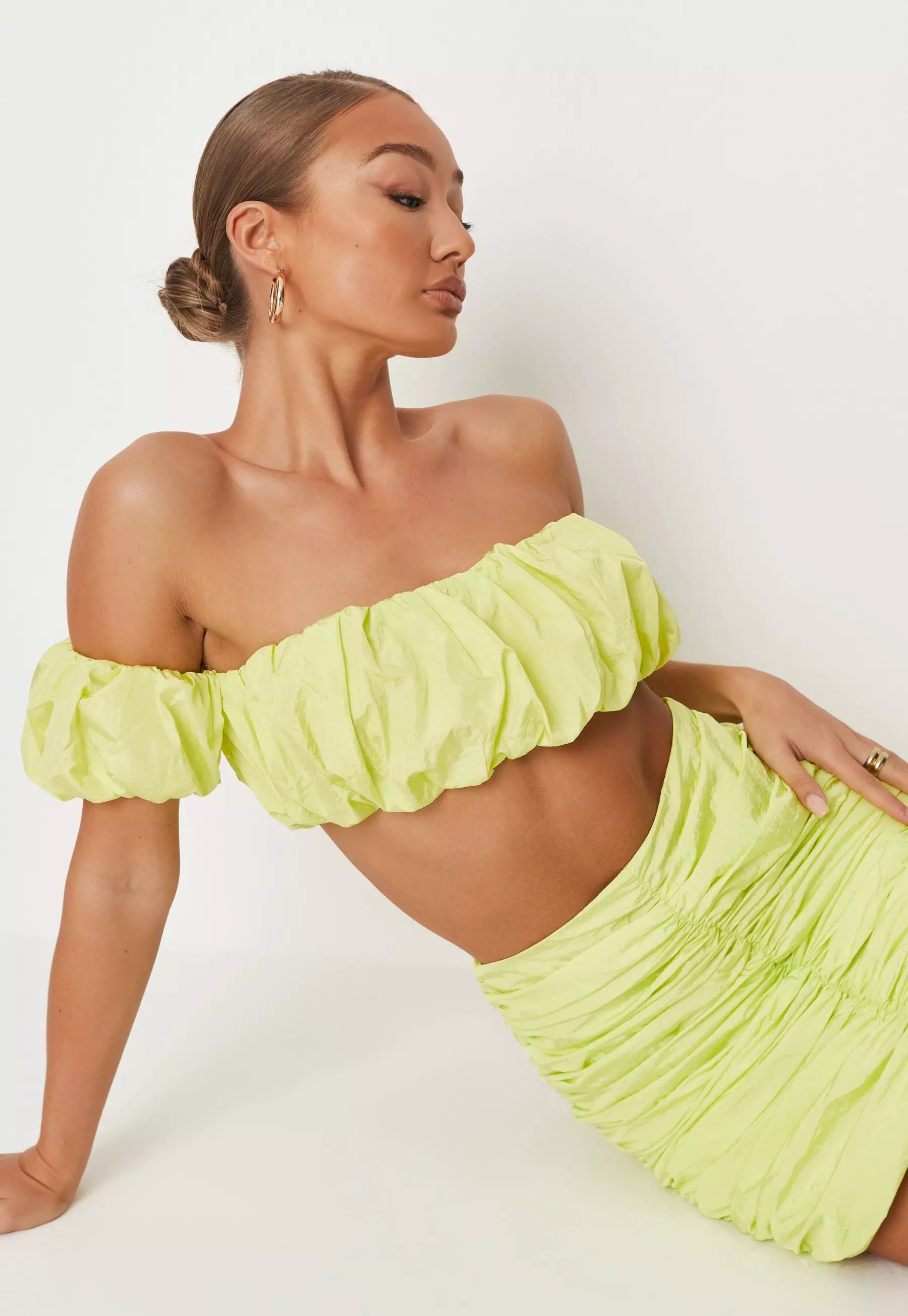 Lime Co Ord Ruched Puff Sleeve Bralette | Missguided (US & CA)